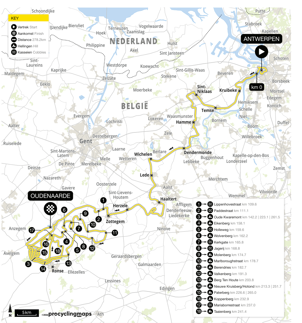 Official Tour of Flanders 2026 stage map for Antwerp to Oudenaarde.