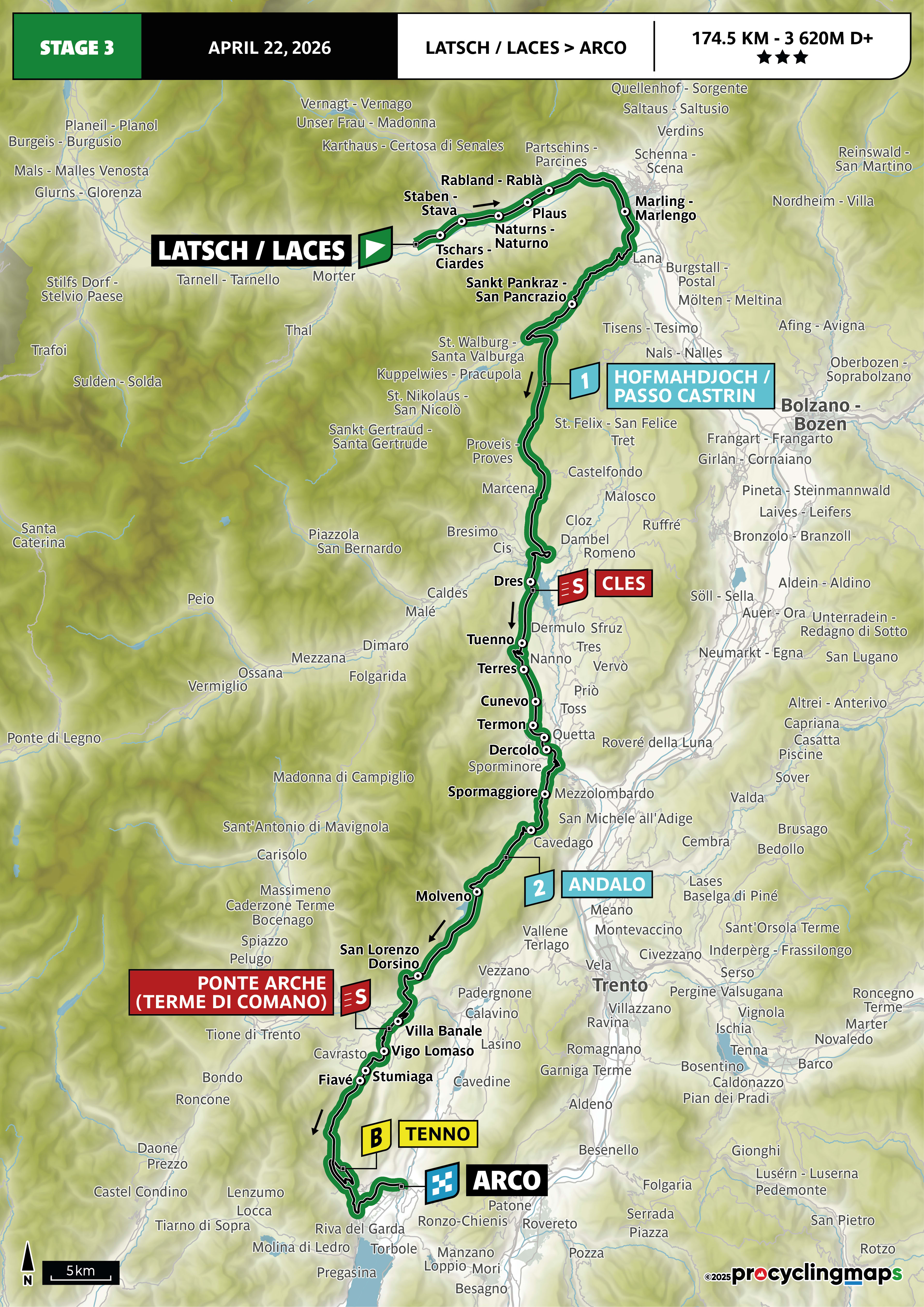 Official Tour of the Alps 2026 stage 3 map for Latsch/Laces to Arco.