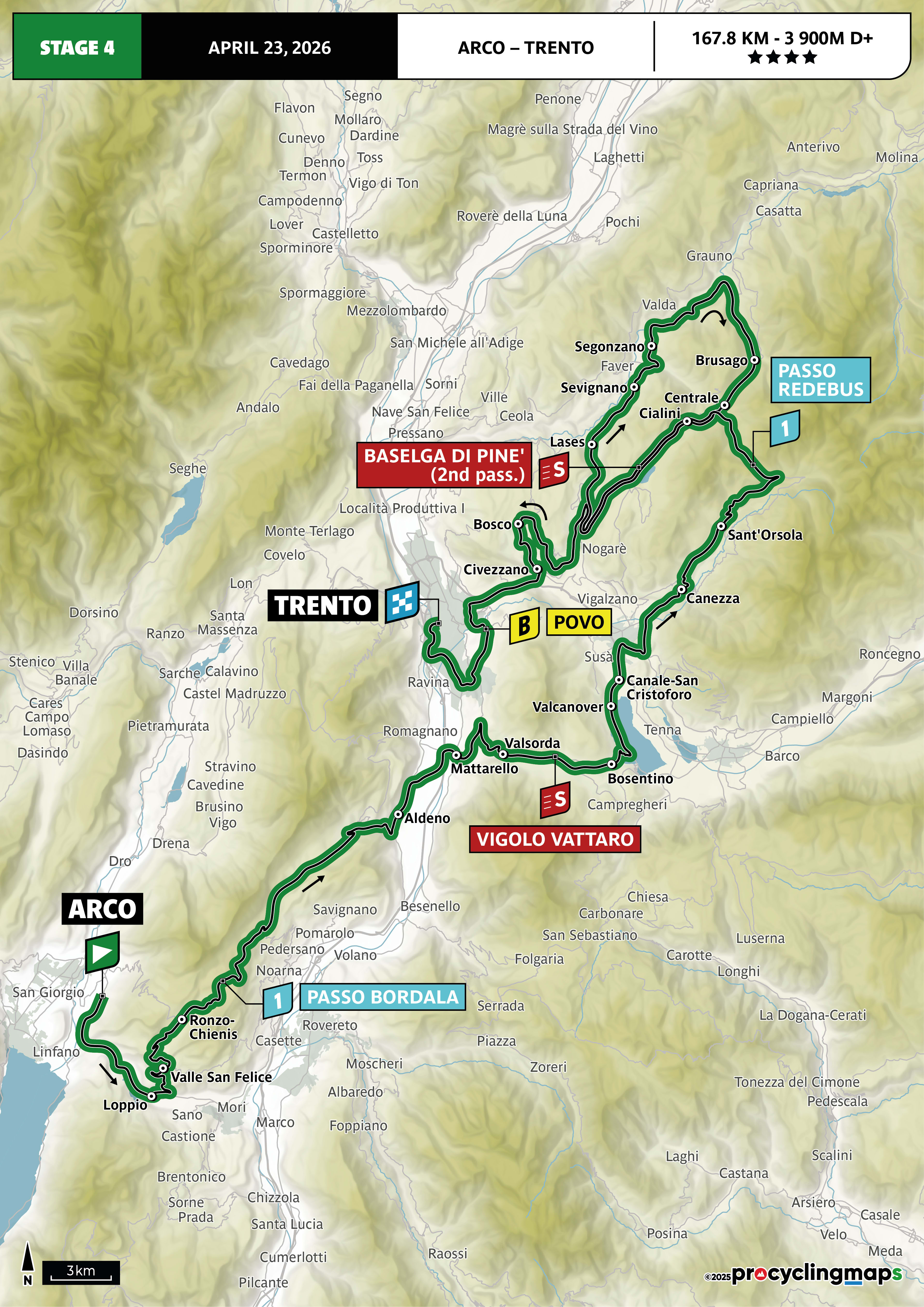 Official Tour of the Alps 2026 stage 4 map for Arco to Trento.