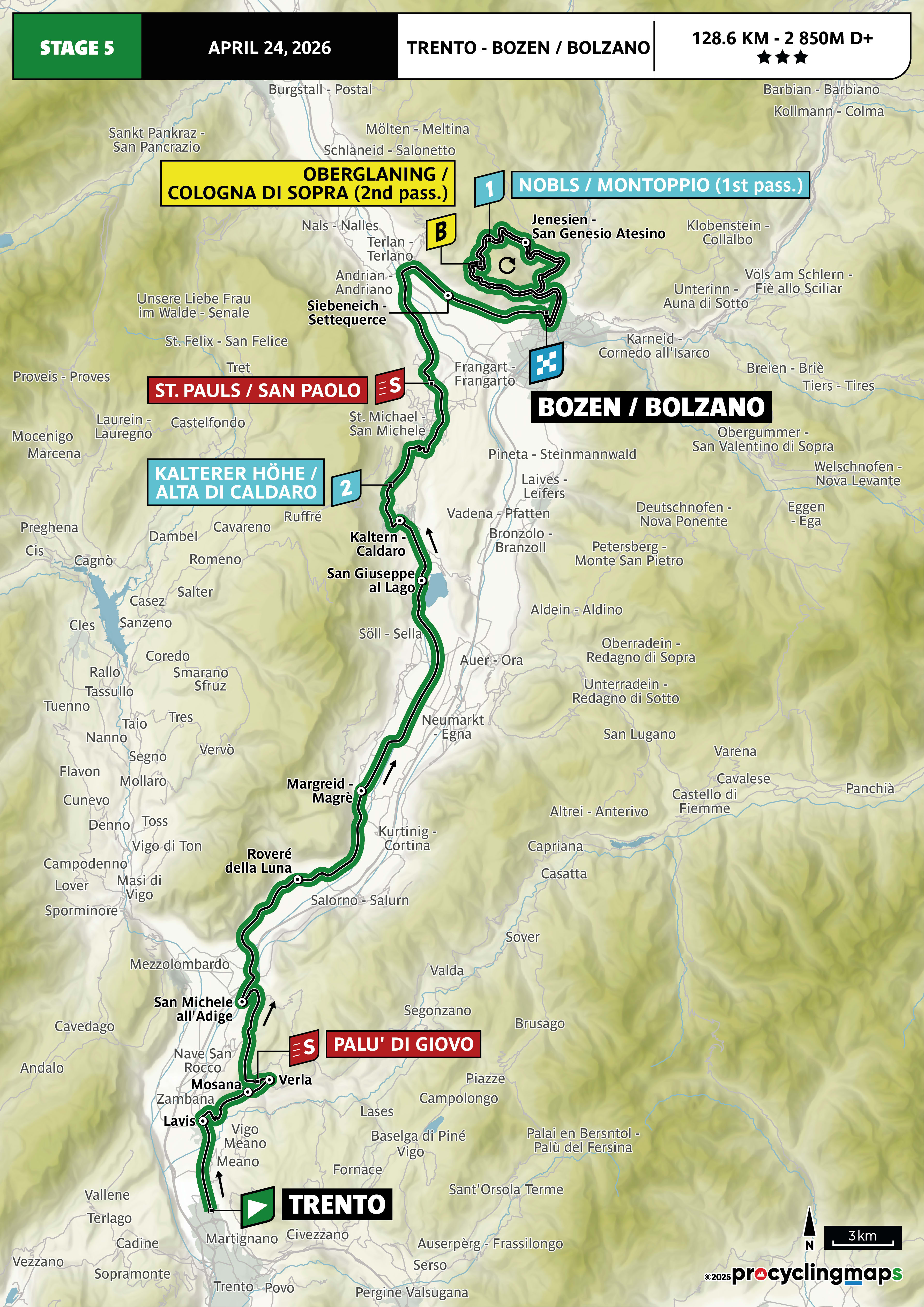 Official Tour of the Alps 2026 stage 5 map for Trento to Bozen/Bolzano.
