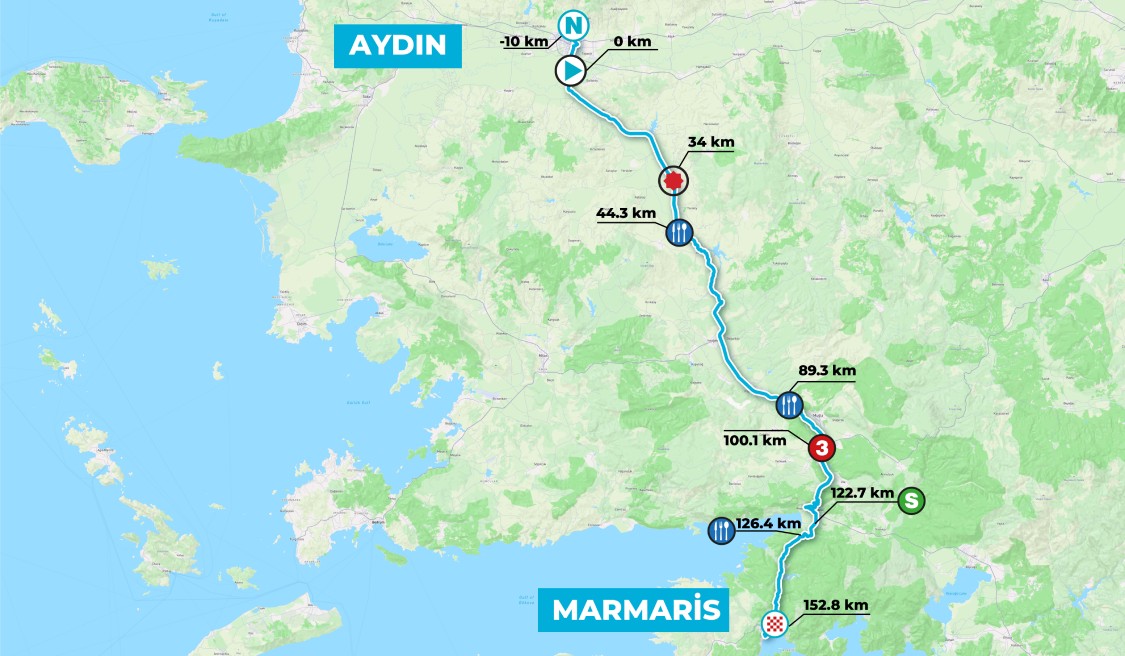 Official Tour of Türkiye 2026 stage 2 map for Aydın to Marmaris.