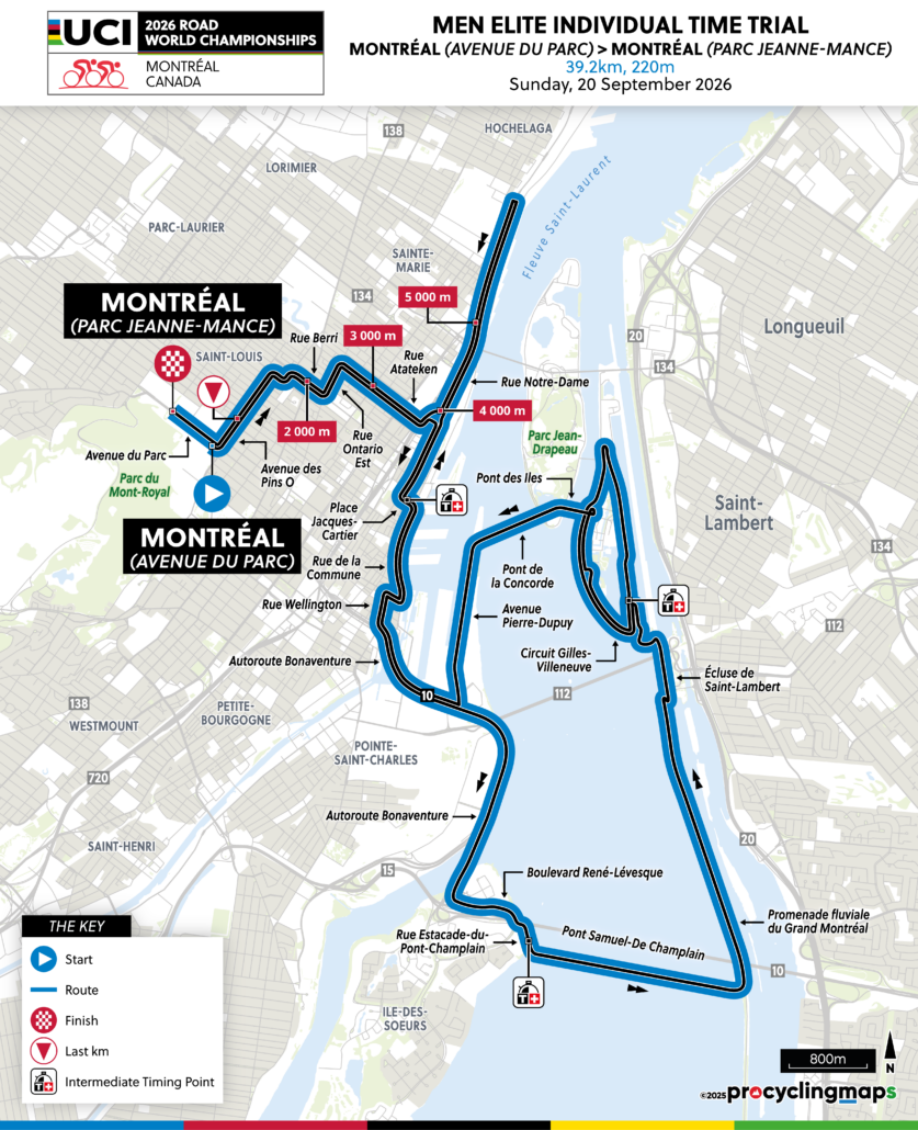 Official World Championships 2026 — Men’s time trial map for Avenue du Parc to Parc Jeanne-Mance, Montréal.