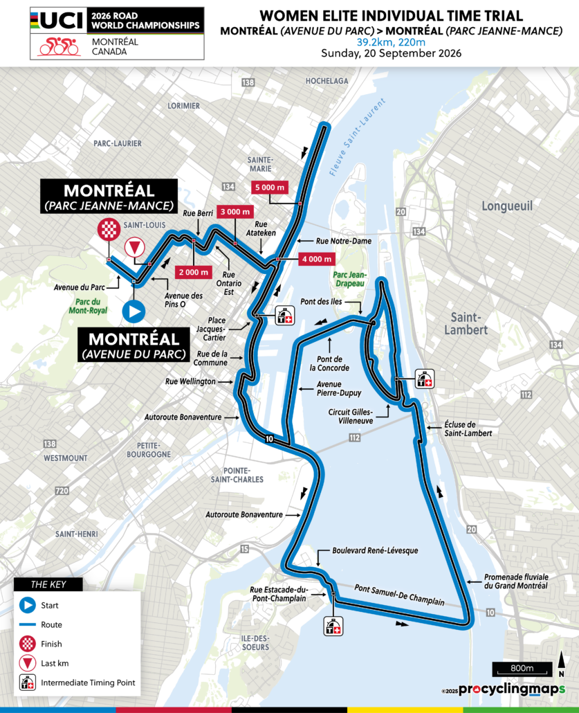 Official World Championships 2026 — Women’s time trial map for Avenue du Parc to Parc Jeanne-Mance, Montréal.